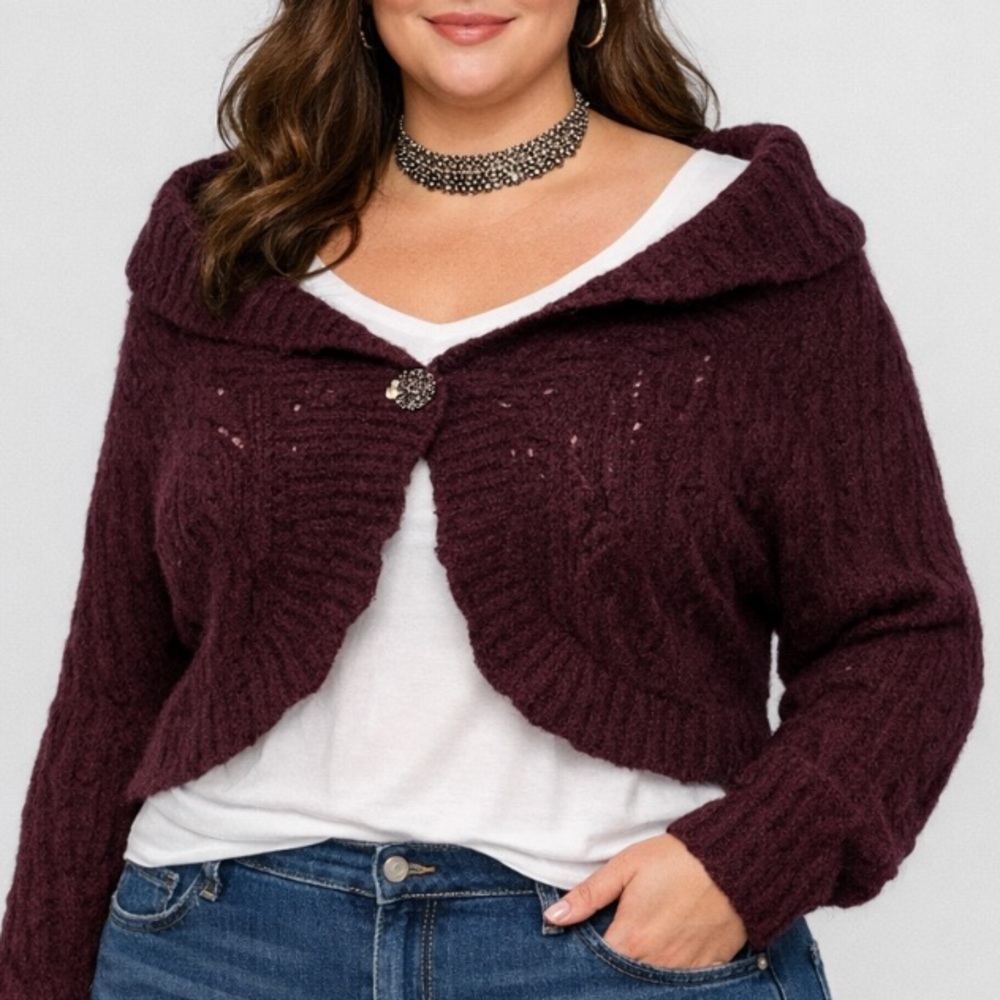 LOFT  Purple Shawl-Collar Cropped Cardigan with Decorative Button